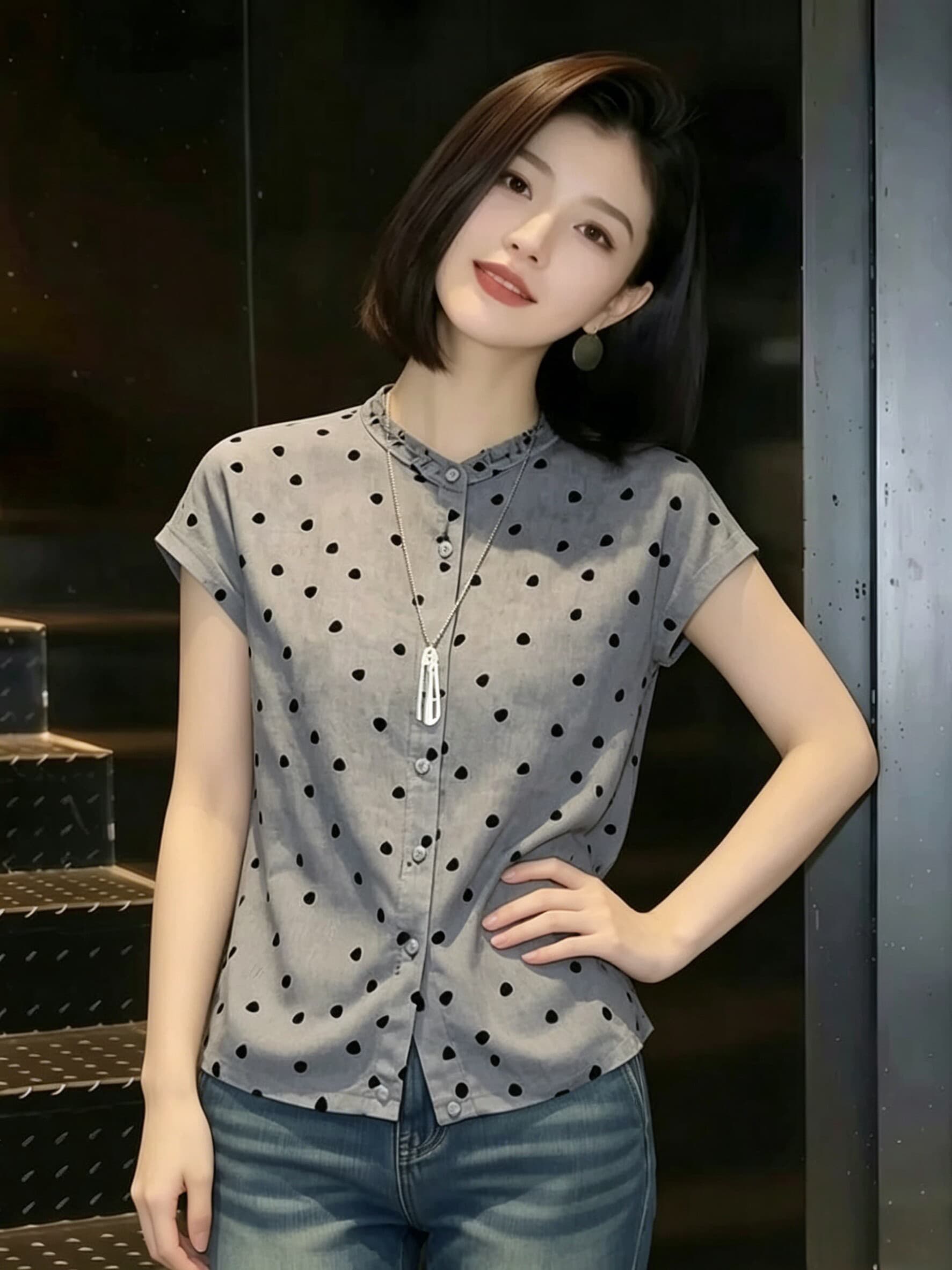 빛 요리 한 바람 품격 Chic 잘 생긴 맨위 트렌디 2026 년 여름 새로운 V넥 회색 파란색 도트 무늬 반팔 여성 셔츠 이미지 3