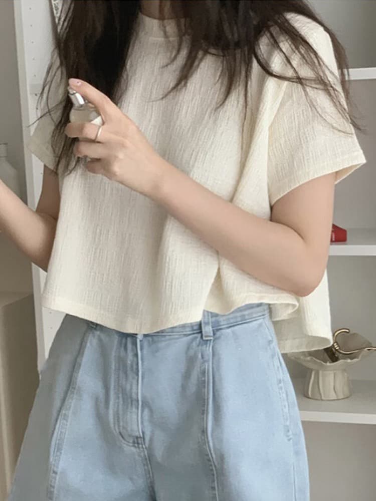 앞이 짧고 뒤가 길다 불규칙 작은 키 쇼트 스타일 반팔 티셔츠 여성 여름 루즈핏 다용도 기본 셔츠 반소매 맨위 상세 이미지 1