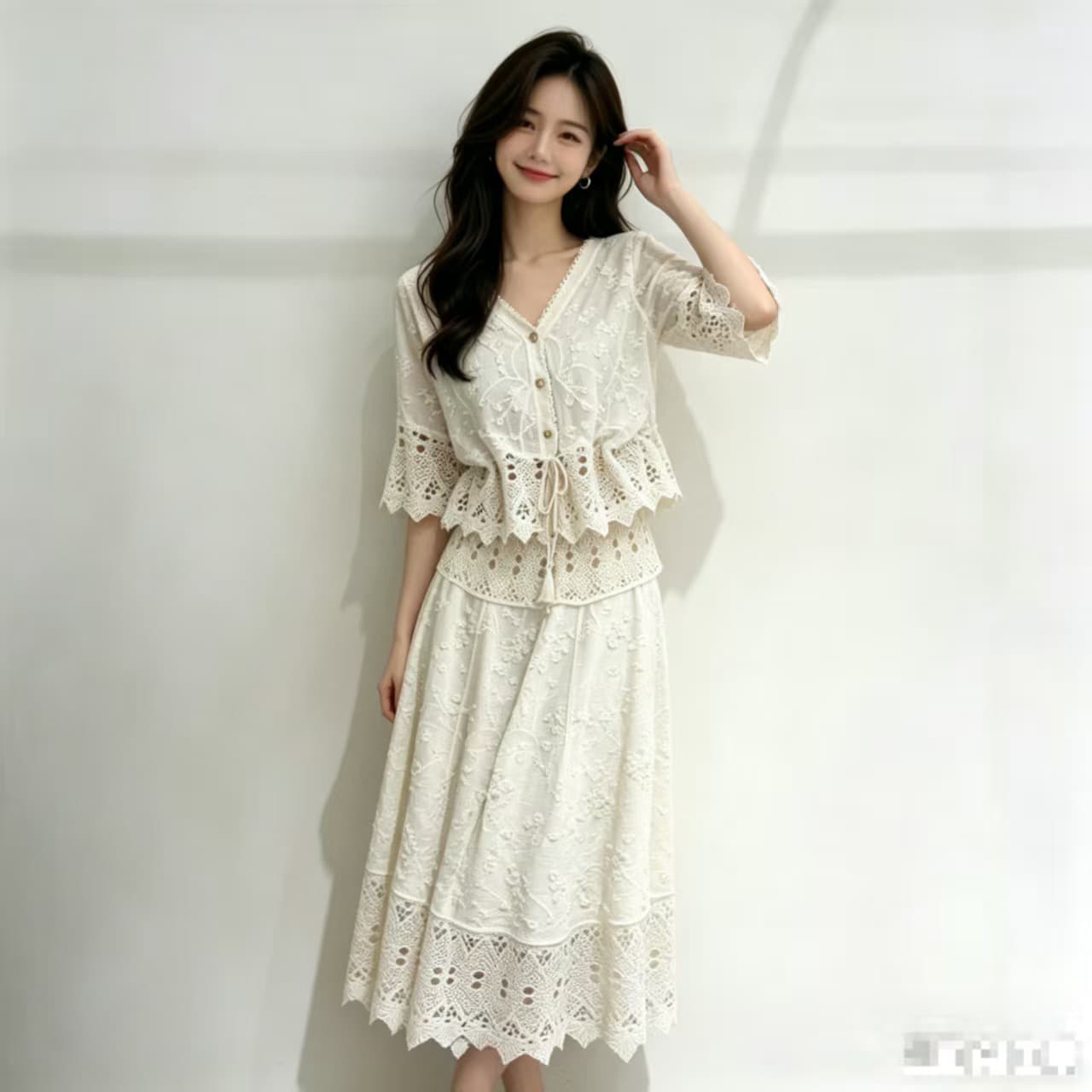 패션 레트로 홀로우 아웃 빛 럭셔리 외국 가스 배트윙 소매 루즈핏 슬림해 보이는 레이스 자수 투피스 세트 이미지 2