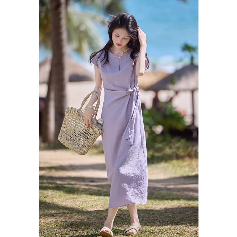 보라색 레이스업 허리 수축 슬림해 보이는 반팔 여성 드레스 여름 2026 새로운 프랑스식 우아함 롱 스커트