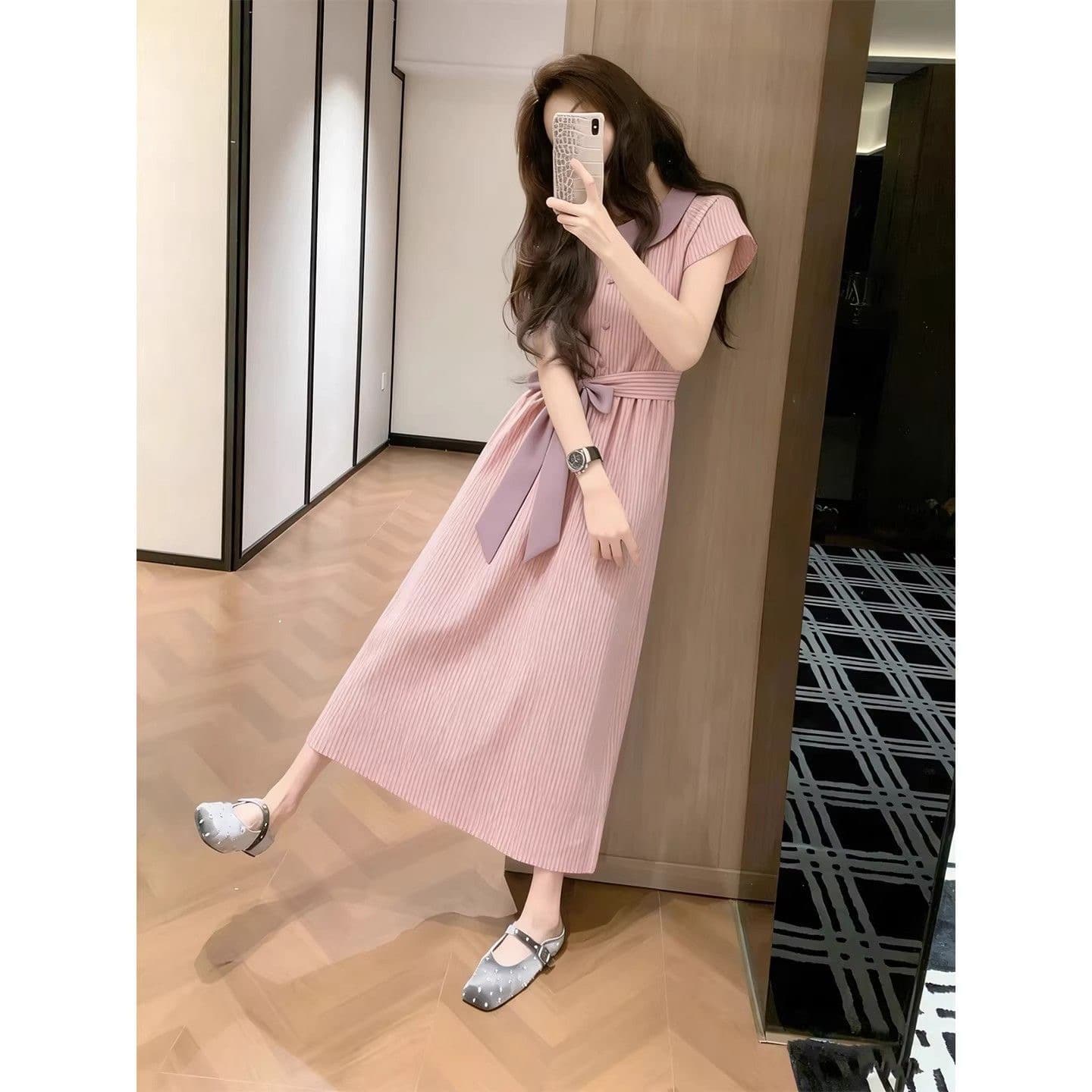2026 년 새로운 부유 한 가족 천 골드 miu 부서 착용 가져 가라. 프랑스식 이른 봄 아름다운 핑크색 반팔 여성 드레스 여름 상세 이미지 3