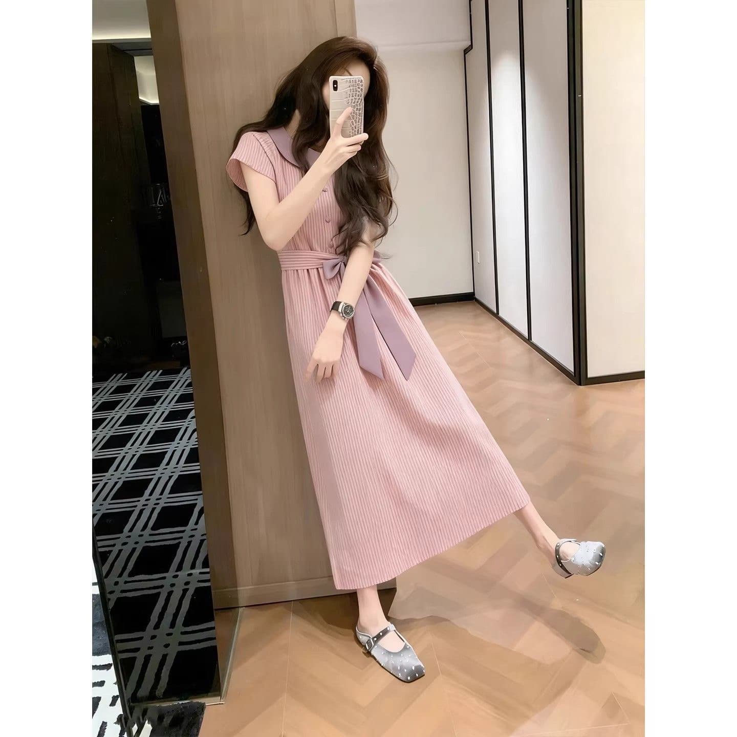 2026 년 새로운 부유 한 가족 천 골드 miu 부서 착용 가져 가라. 프랑스식 이른 봄 아름다운 핑크색 반팔 여성 드레스 여름 상세 이미지 4