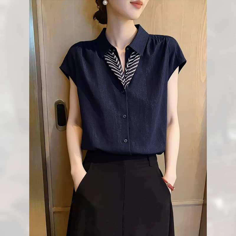 POLO 칼라 경력 반팔 여성 셔츠 여름 2026 년 새로운 고유 한 고급 센스 셔츠 루즈핏 슬림해 보이는 맨위 상세 이미지 1
