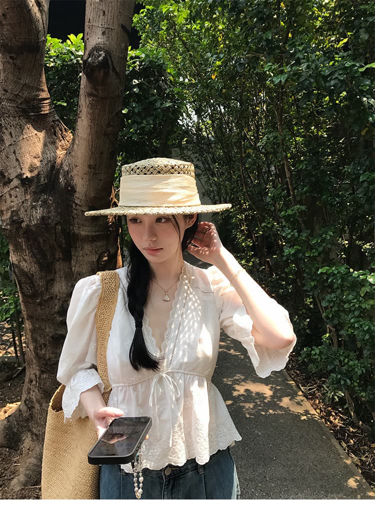 vasse 아름다움 게 화이트 면 소재 자수 레이스 나팔 소매 V넥 맨위 여성 봄 여름 허리 수축 스트랩 중간 소매 셔츠