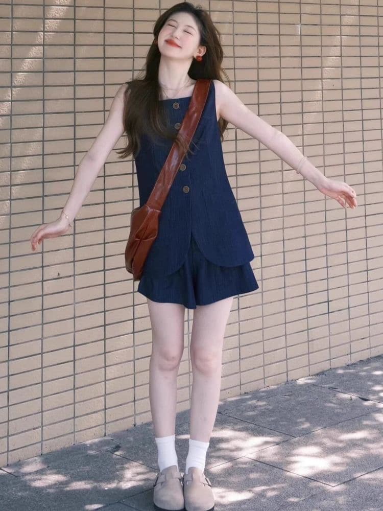 스포츠 슈트 여성 여름 학생 한국 스타일 루즈핏 슬림해 보이는 패션 인터넷 유명인 한 부서 반팔 반바지 캐주얼 투피스 세트 상세 이미지 1