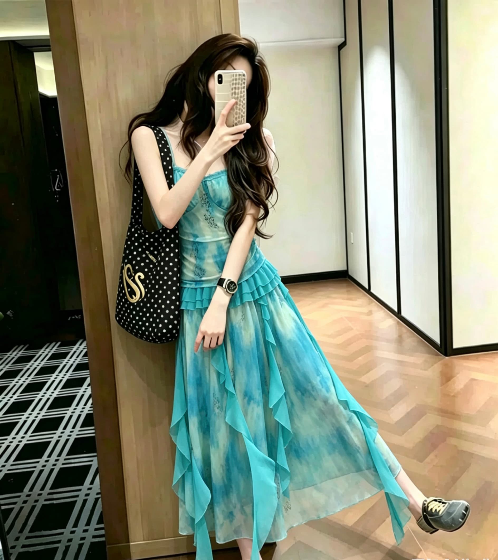 품격 섹시함 작은 대중 빛 럭셔리 디자인 센스 몸매 가꾸기 슬림해 보이는 슬립 드레스 해변가 휴가 롱 스커트 상세 이미지 4