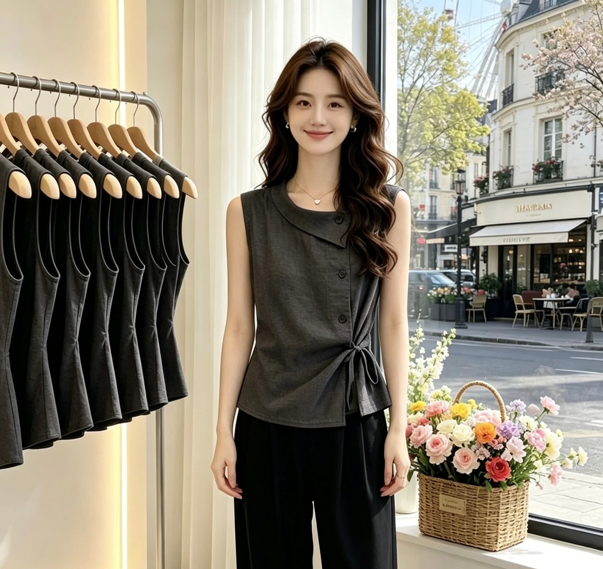 유럽 상품 고급 비스듬한 襟 레이스업 루즈핏 맨위 여성 2026 여름 새로운 빛 럭셔리 바람 고급 민소매 연령 감소 셔츠 이미지 4