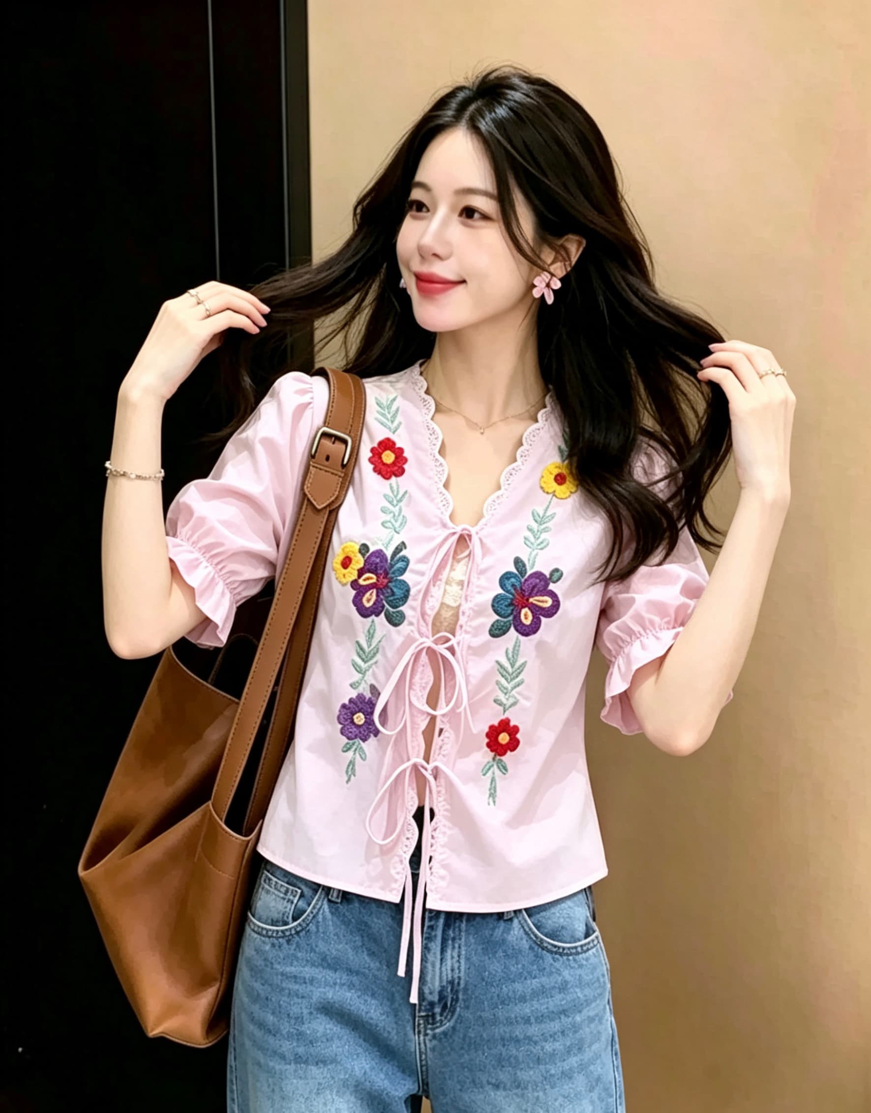 없음 연 하나 와우 플러그 Na 꽃 집 프랑스식 조용한 럭셔리 고급 빗질된 면 자수 맨위 상세 이미지 5