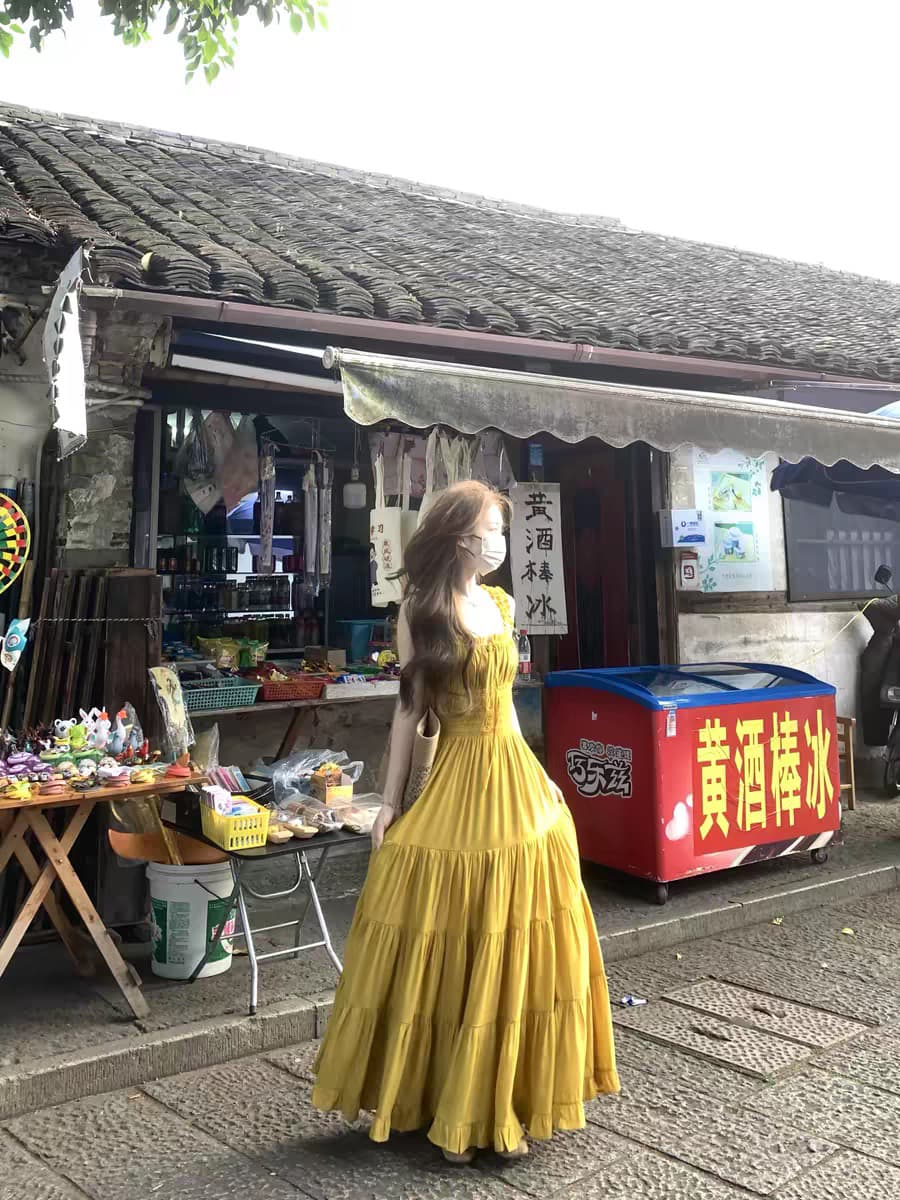 xxiiuu 밝은 일광 달콤함 분위기 센스 광장 칼라 펌프 로프 허리 수축 여성 드레스 여름 품격 롱 스커트 상세 이미지 5