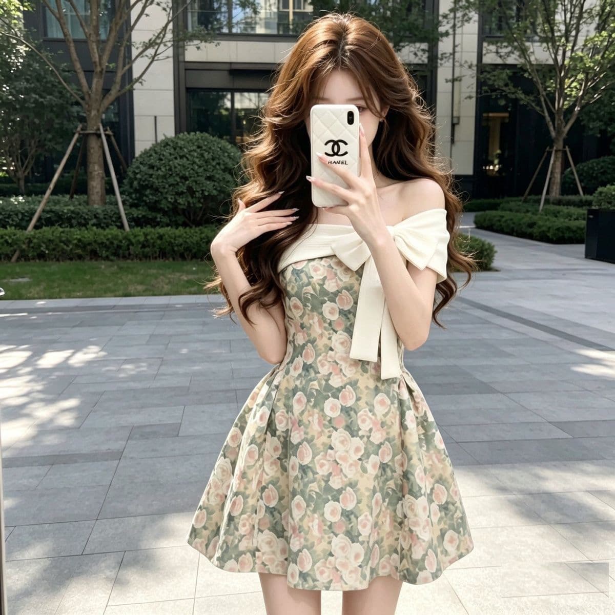 프랑스식 레트로 오프숄더 꽃무늬 드레스 2026 나비 매듭 오프숄더 허리 수축 건강 일출 조각 치마 미니 스커트 여성