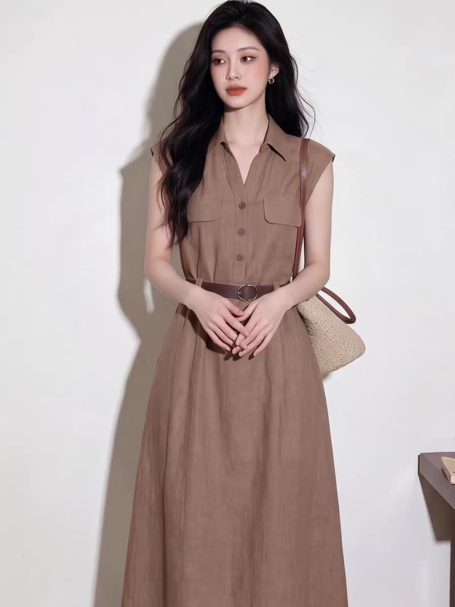 프랑스식 품격 아름다운 작은 치마 아이들 여름 고급 센스 프랑스식 커피 색상 허리 수축 폴로 칼라 어깨 민소매 드레스 상세 이미지 1