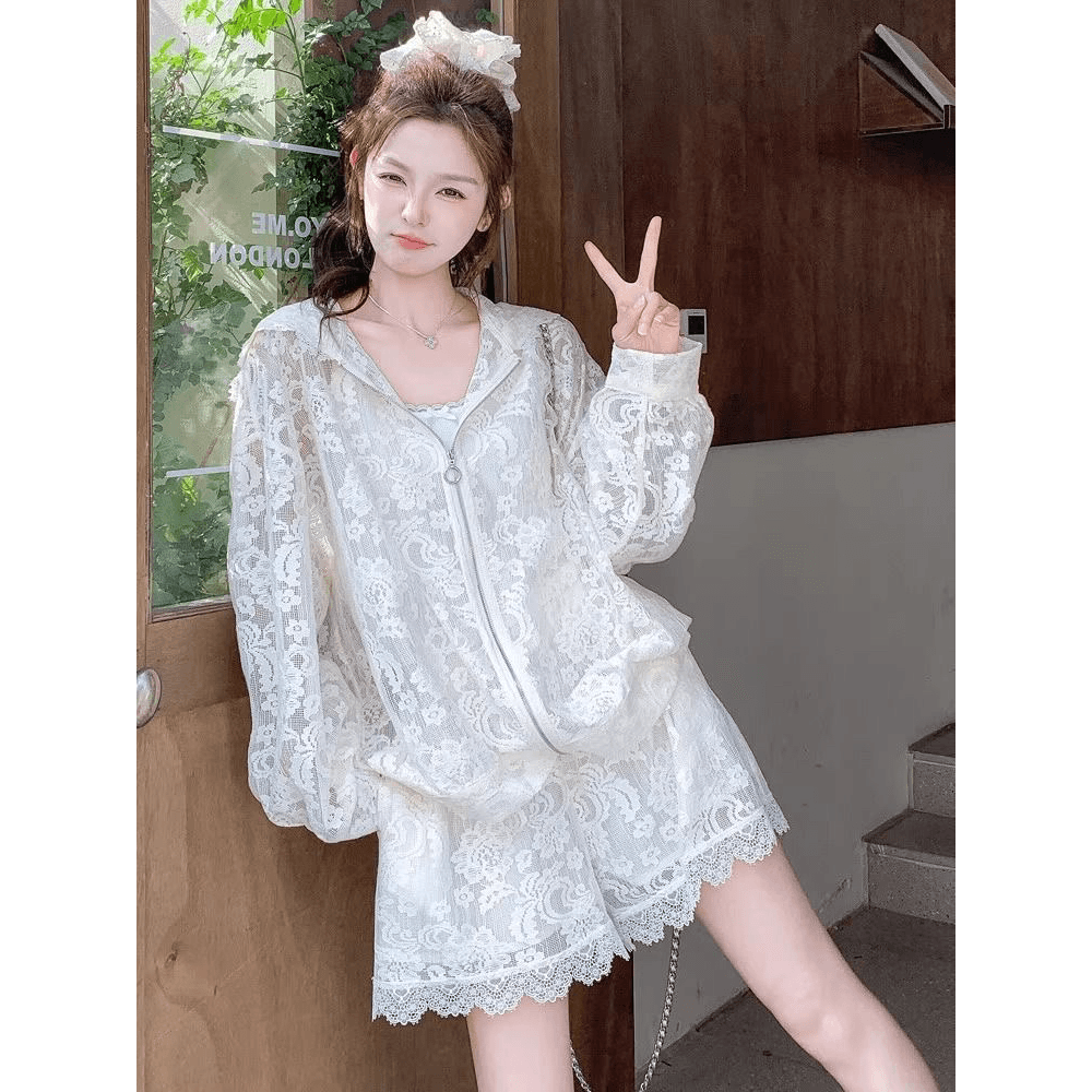 지방 mm 프랑스식 작은 샤넬 스타일 슬림해 보이는 두 조각 여성 세트 레이스 홀로우 아웃 후드 오픈 가디건 맨위 반바지 패션 세트 트렌디 이미지 5