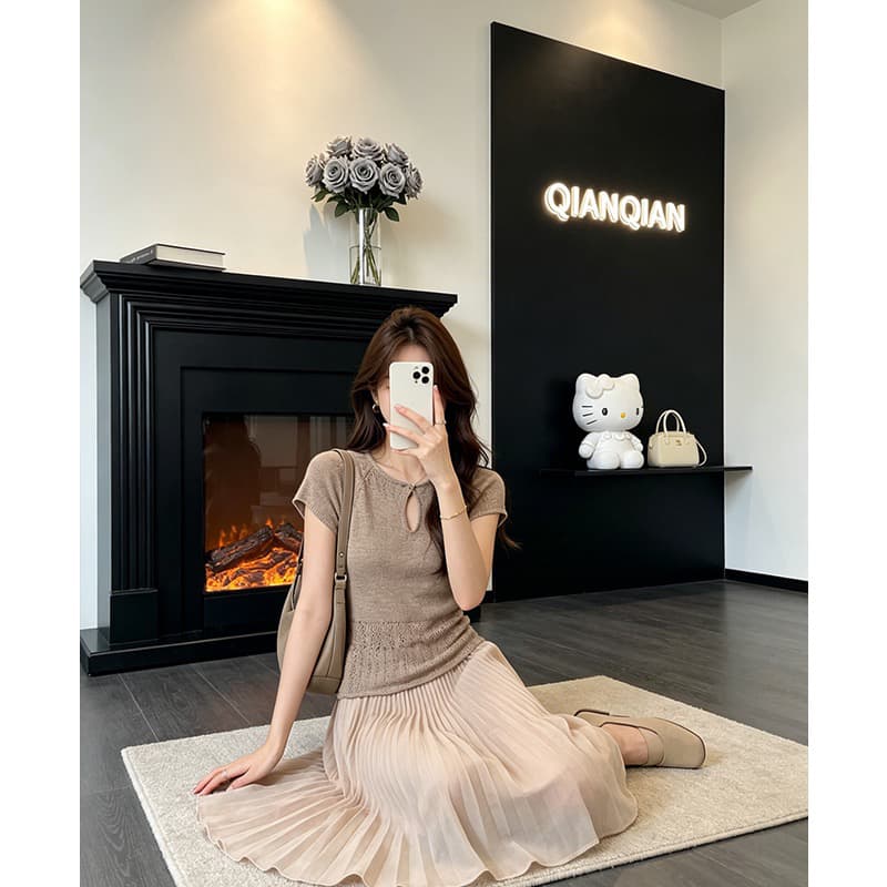 프랑스식 오래된 돈 바람 니트 반팔 맨위 여성 여름 디자인 센스 넓은 다리 캐주얼 바지 세트 상세 이미지 3