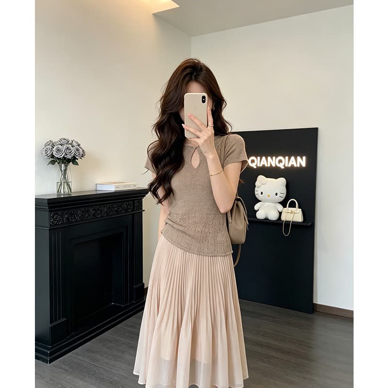 프랑스식 오래된 돈 바람 니트 반팔 맨위 여성 여름 디자인 센스 넓은 다리 캐주얼 바지 세트 상세 이미지 4