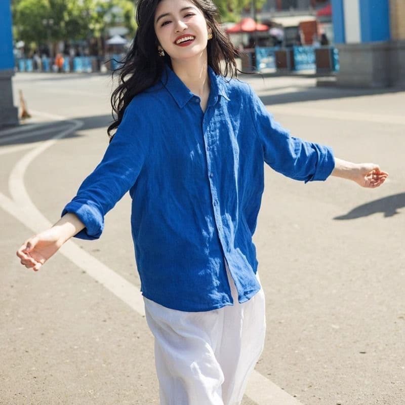 고급 센스 아마 여성 셔츠 봄과 가을 프랑스식 톰 글 래 원인 파란색 면 린넨 셔츠 고급 외부 가져 가라. 긴팔 맨위