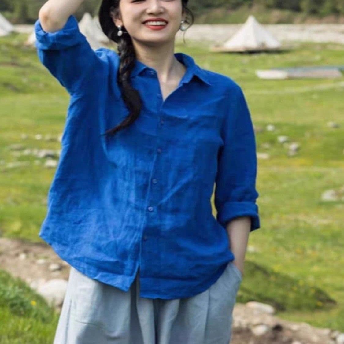 고급 센스 아마 여성 셔츠 봄과 가을 프랑스식 톰 글 래 원인 파란색 면 린넨 셔츠 고급 외부 가져 가라. 긴팔 맨위 이미지 2