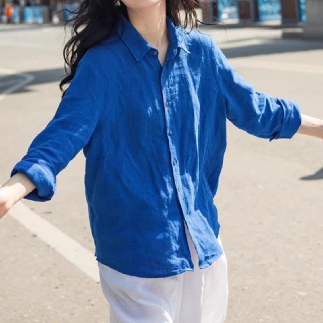 고급 센스 아마 여성 셔츠 봄과 가을 프랑스식 톰 글 래 원인 파란색 면 린넨 셔츠 고급 외부 가져 가라. 긴팔 맨위 상세 이미지 4