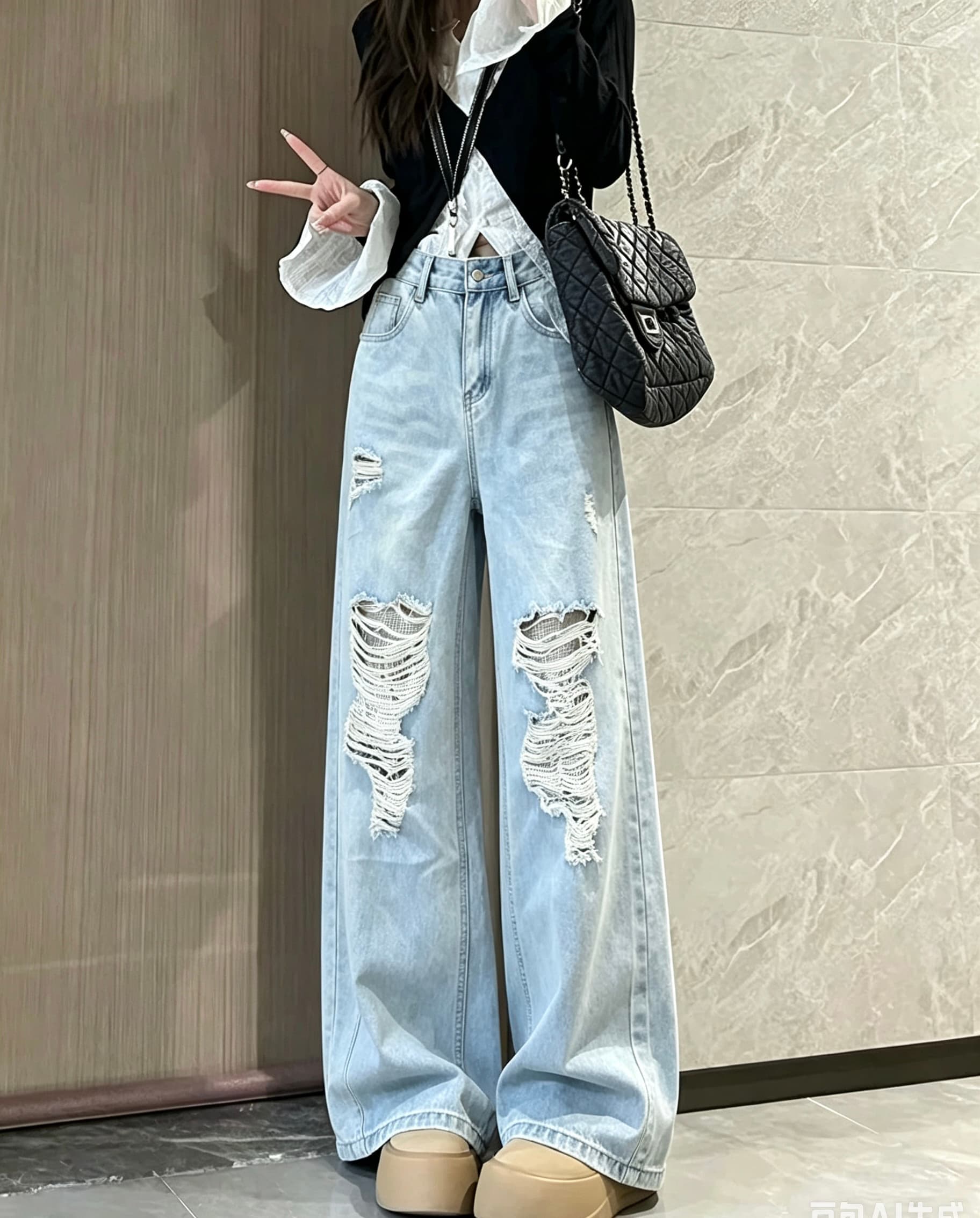 하늘색 레이스 조각 찢어진 부분 청바지 여성 가을 얇은 작은 키 스트레이트 와이드 레그 팬츠 이미지 3