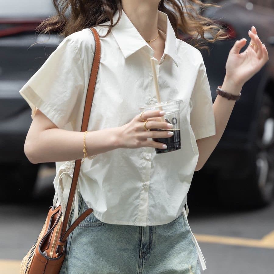순면 작은 키 쇼트 스타일 반팔 셔츠 2026 년 여름 우유 화이트 측면 허리 펌프 로프 루즈핏 다용도 셔츠 여성 이미지 4