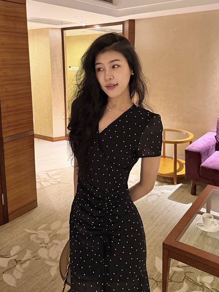 프랑스식 그는 벤 바람 반팔 도트 무늬 쉬폰 여성 드레스 여름 품격 V넥 펌프 로프 허리 수축 몸매 가꾸기 슬림해 보이는 치마 상세 이미지 4