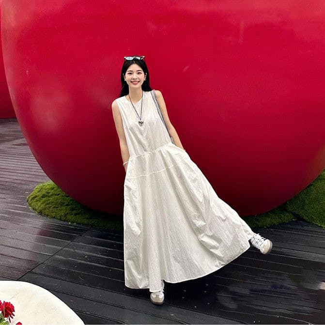 화이트 프랑스식 차 휴식 바람 민소매 여성 드레스 여름 라운드 넥 품격 슈퍼 잘 생긴 인기 새로운 롱 스커트
