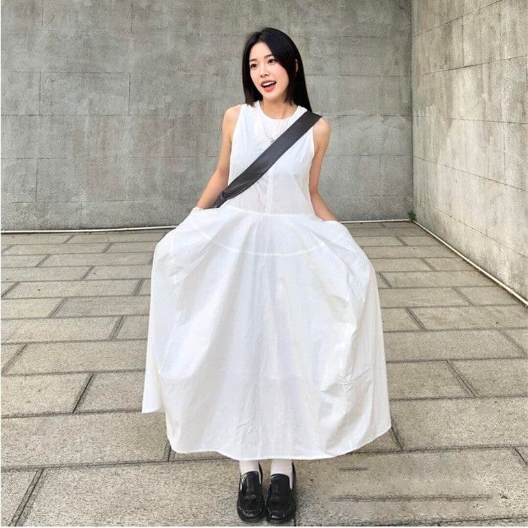 화이트 프랑스식 차 휴식 바람 민소매 여성 드레스 여름 라운드 넥 품격 슈퍼 잘 생긴 인기 새로운 롱 스커트 상세 이미지 6