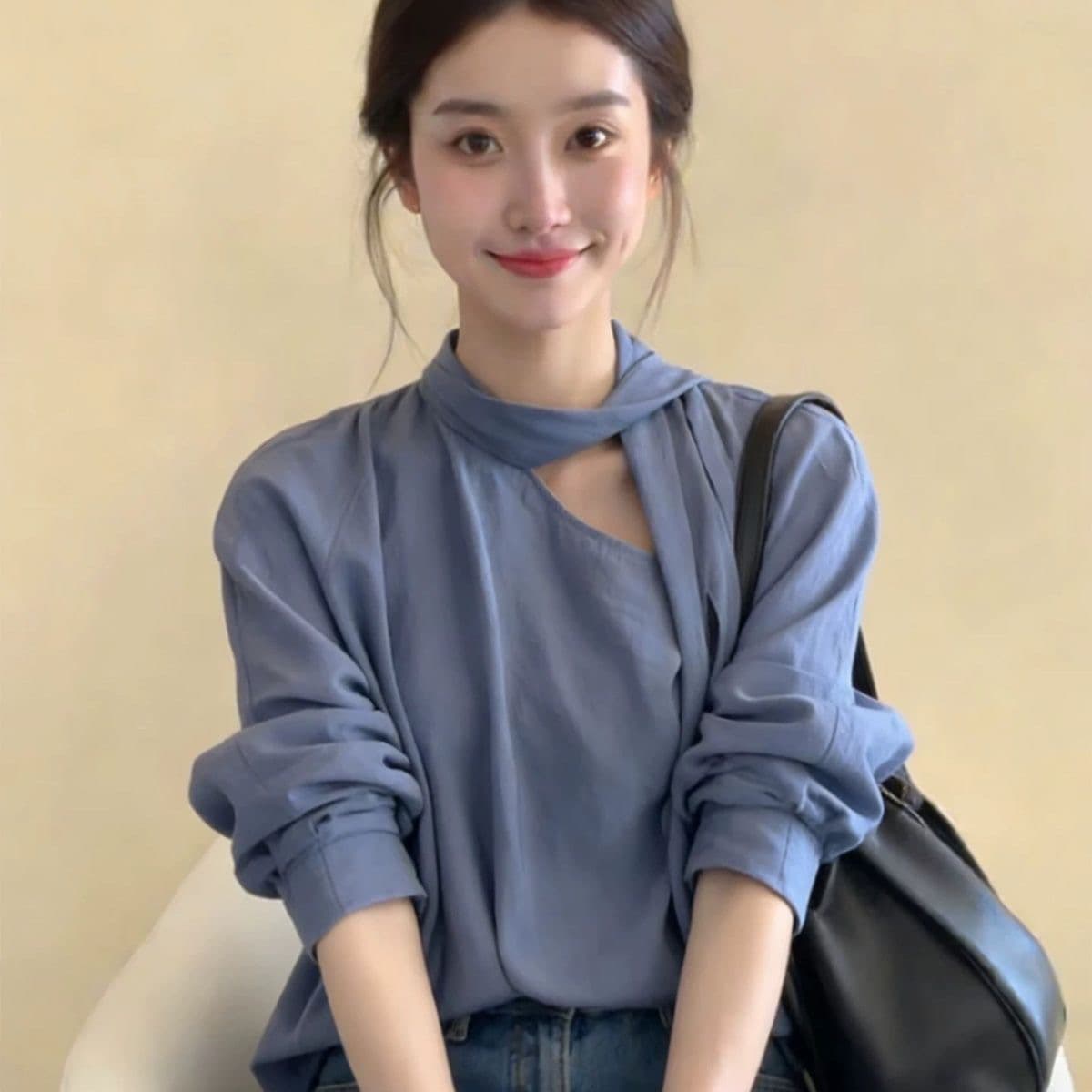 한 부서 파란색 V넥 행침 목 리본 셔츠 맨위 여성 봄 출퇴근 착용 가져 가라. 작은 키 다용도 패션 셔츠 이미지 2
