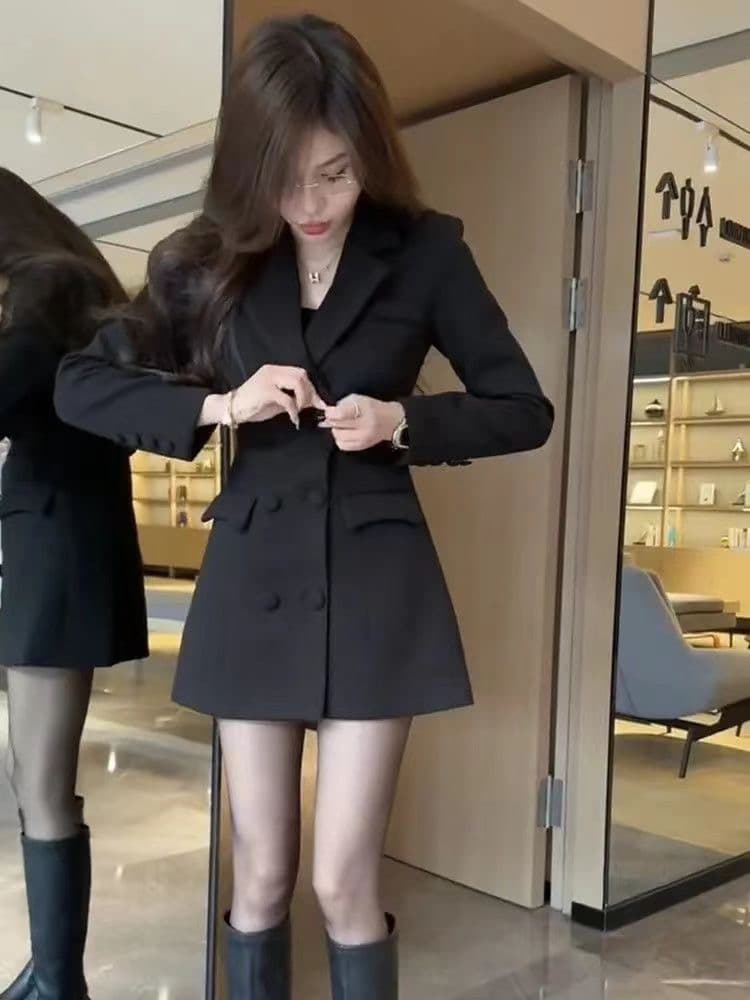 프랑스식 품격 명문 여성 바람 슬림해 보이는 이중 버튼 V넥 긴팔 여성 드레스 봄 새로운 패션 외국 가스 치마 상세 이미지 3