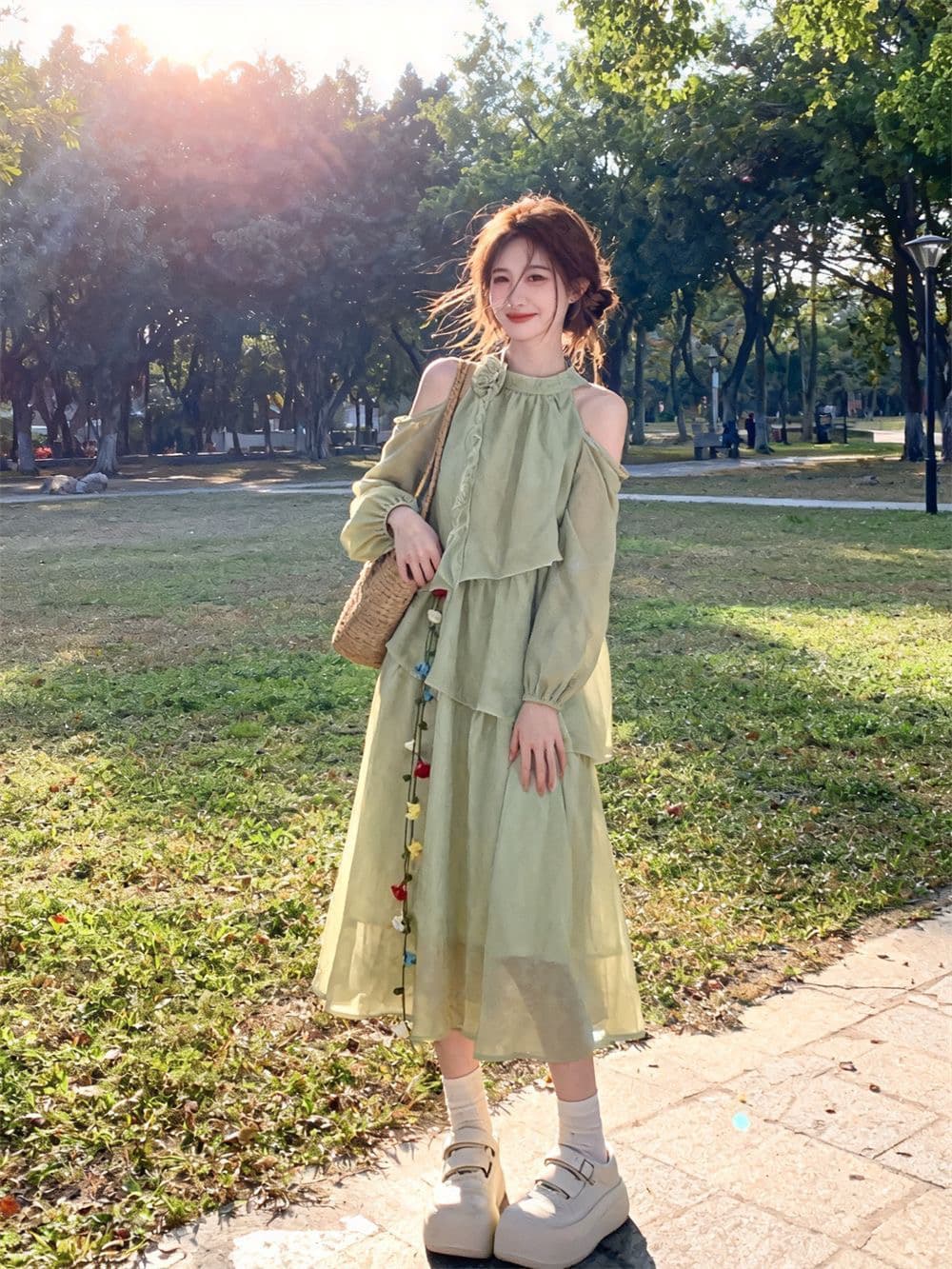 프랑스식 오프숄더 녹색 드레스 품격 2026 연령 감소 달콤함 새로운 휴가 여름 요정 케이크 롱 스커트 이미지 2