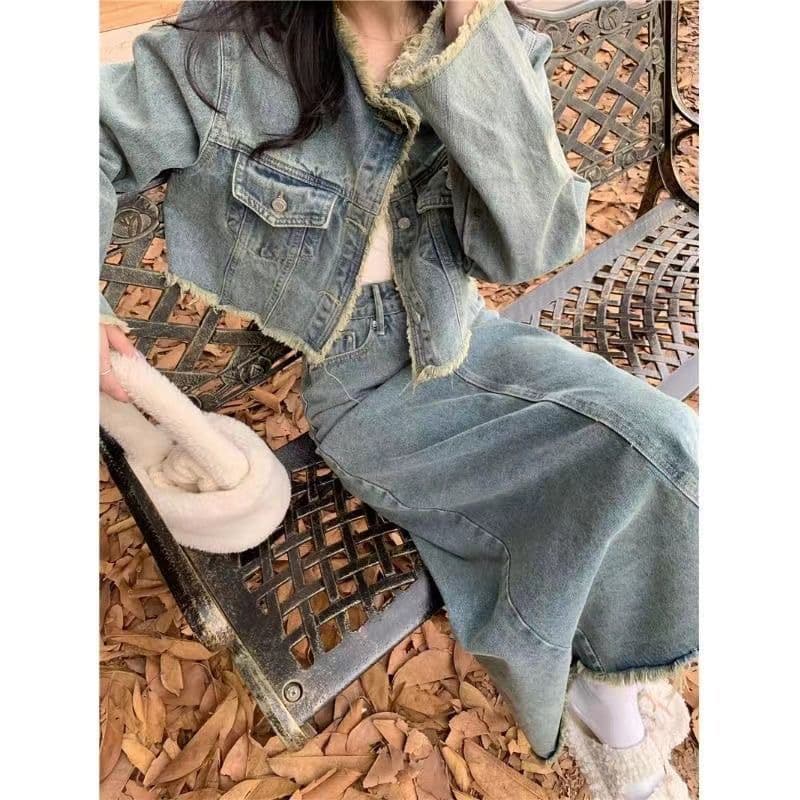 거친 가장자리 데님 세트 여성 봄 가을 새로운 레트로 패션 긴팔 재킷 하이웨이스트 슬림해 보이는 반신 스커트 투피스 세트 상세 이미지 5