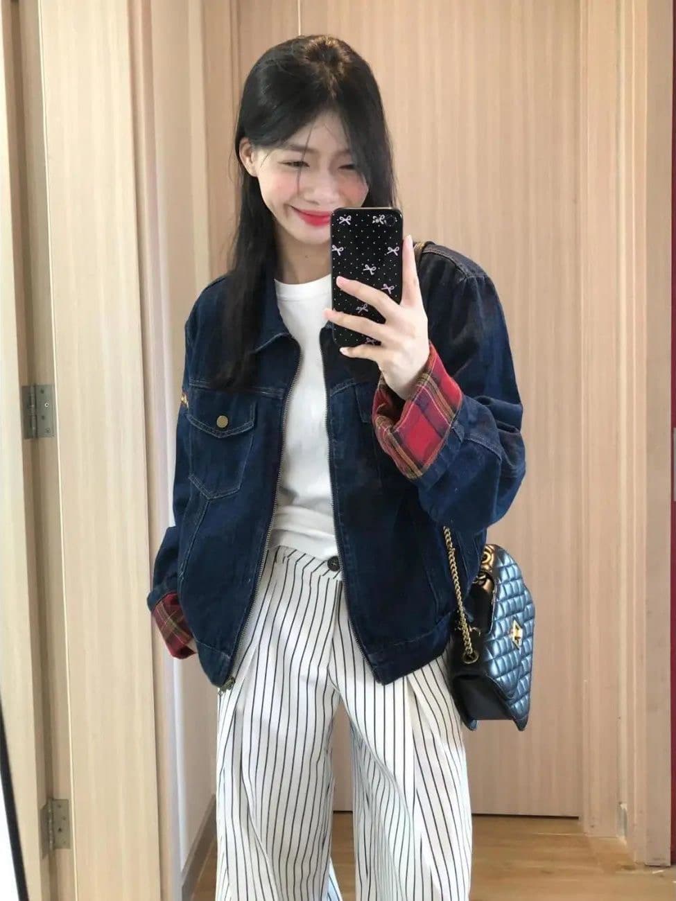 데님 여성 코트 2026 봄 가을 새로운 아메리칸 레트로 체크무늬 패치워크 디자인 센스 루즈핏 다용도 캐주얼 맨위 상세 이미지 2