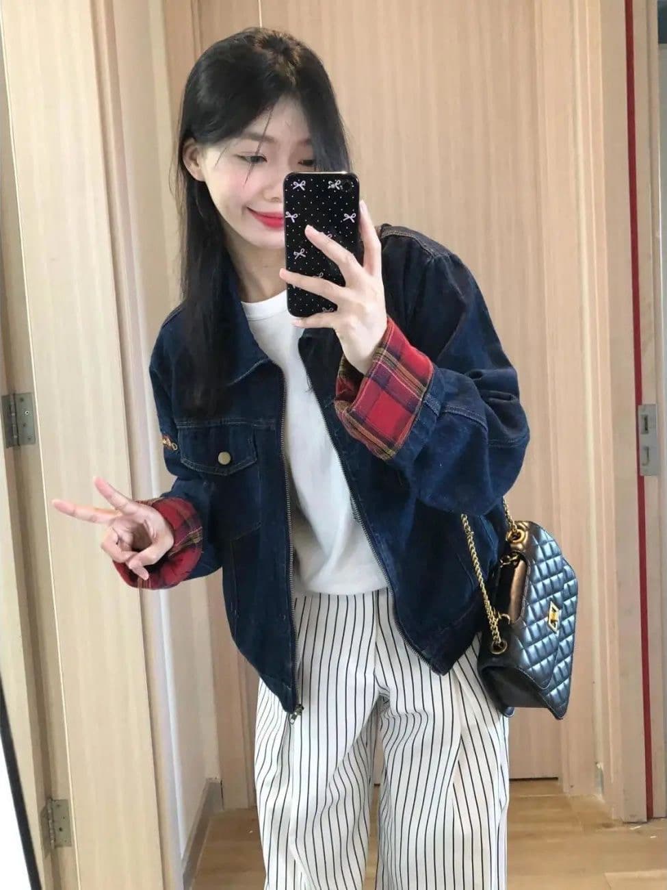 데님 여성 코트 2026 봄 가을 새로운 아메리칸 레트로 체크무늬 패치워크 디자인 센스 루즈핏 다용도 캐주얼 맨위 상세 이미지 3