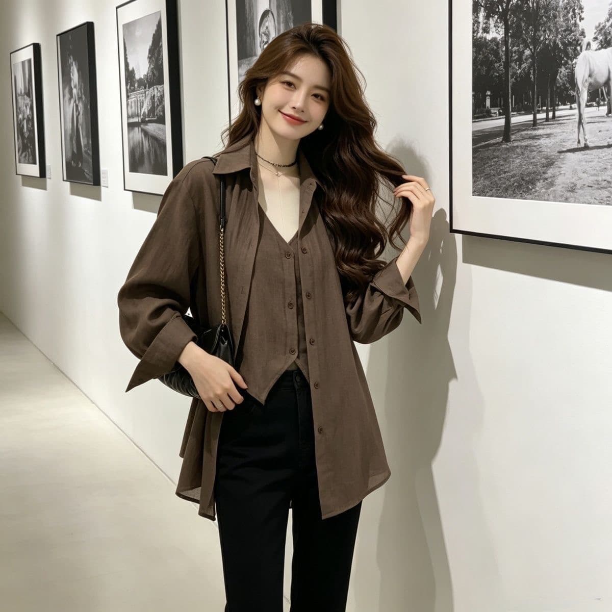 패션 품격 레트로 스타일 디자인 센스 페이크 레이어드 셔츠 봄 가을 새로운 오래된 돈 바람 외국 가스 연령 감소 맨위 여성 이미지 2