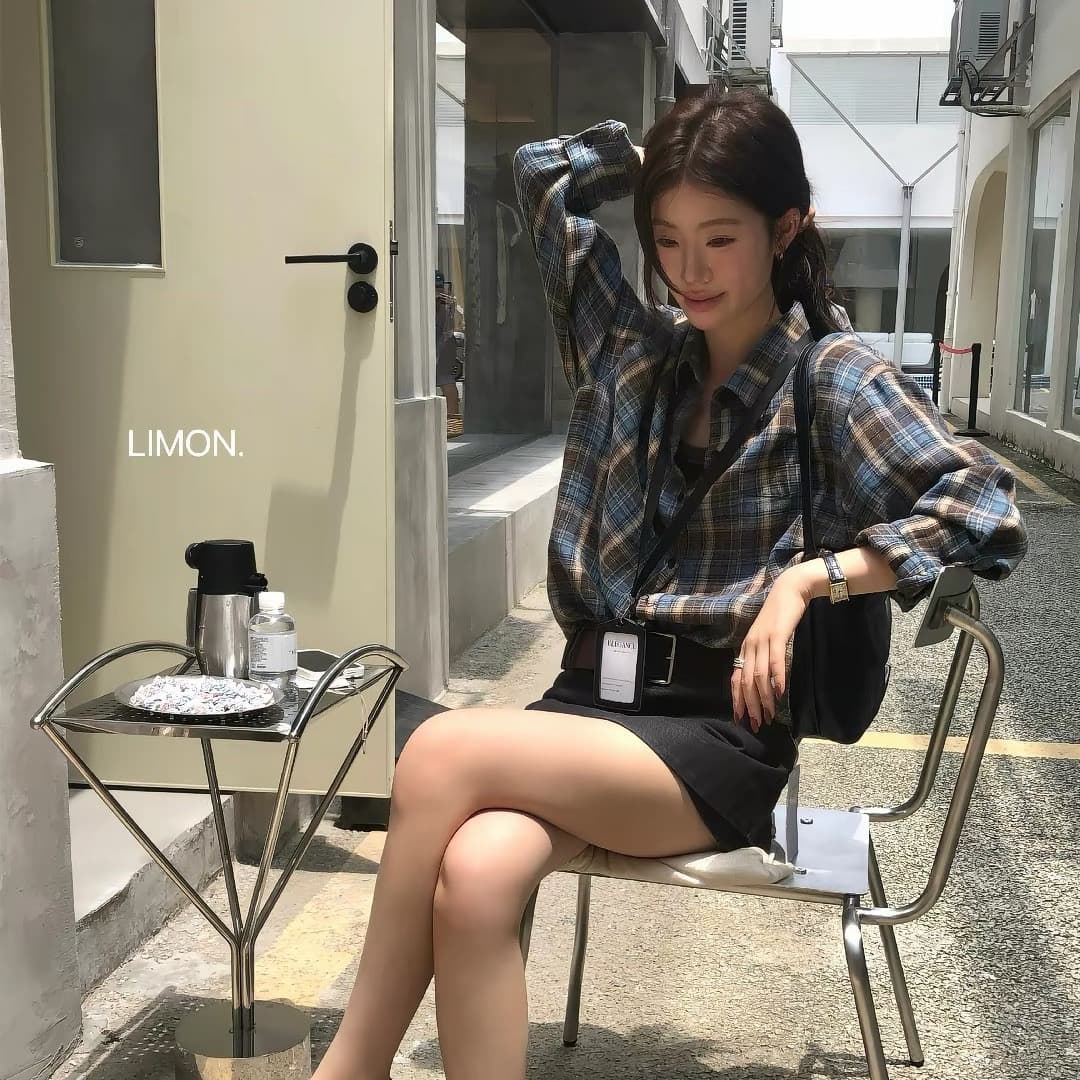 the limon 레몬 녹차 26 이른 가을 한 부서 레트로 느긋한 체크무늬 루즈핏 슬림해 보이는 셔츠 여성 셔츠 상세 이미지 3
