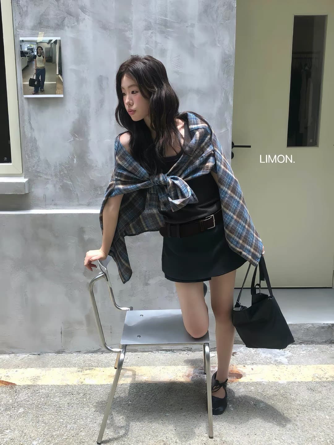 the limon 레몬 녹차 26 이른 가을 한 부서 레트로 느긋한 체크무늬 루즈핏 슬림해 보이는 셔츠 여성 셔츠 상세 이미지 5