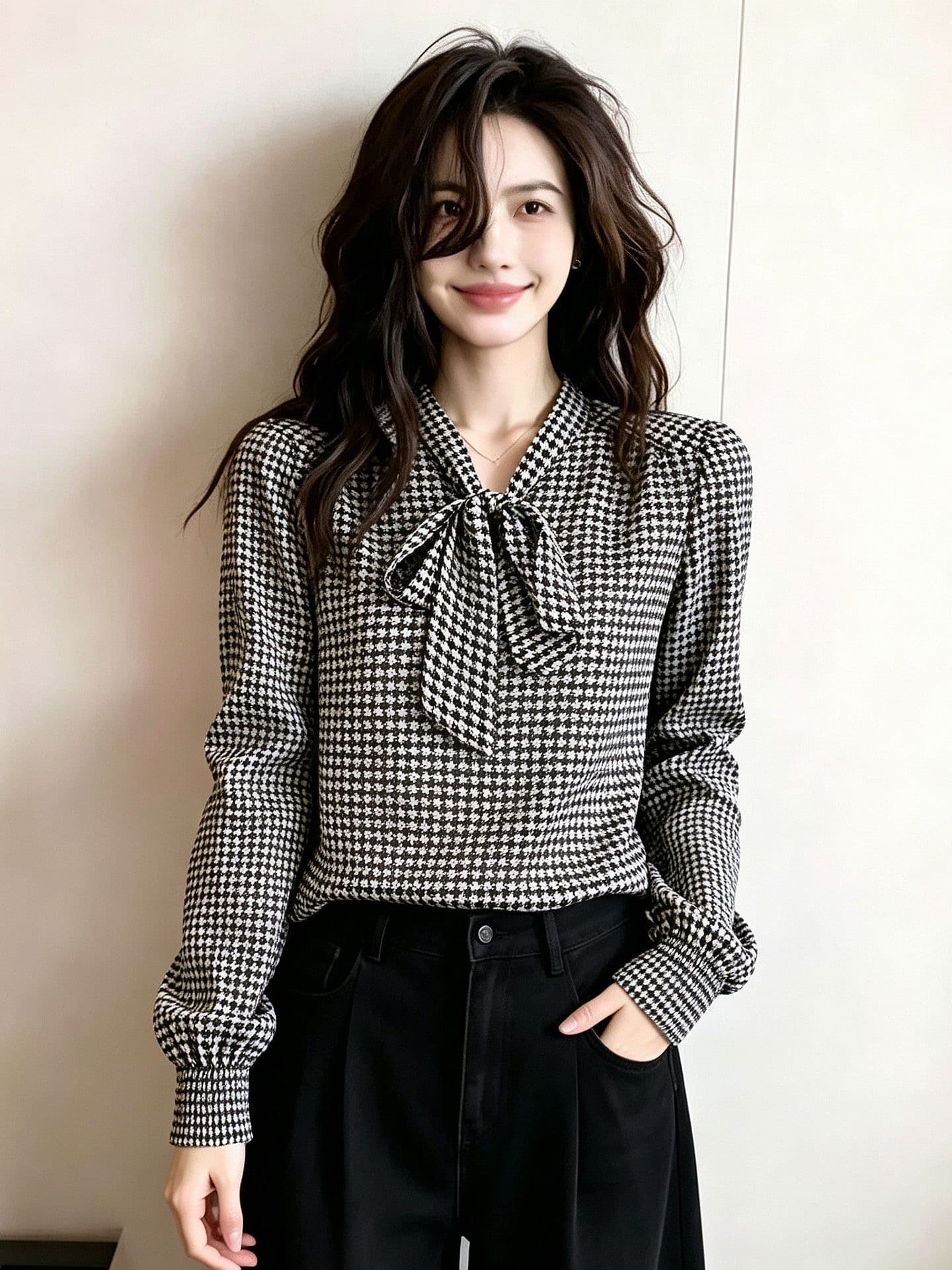 긴팔 셔츠 봄 나비 매듭 봄 드레스 2026 쉬폰 새로운 수천 마리 슬림해 보이는 작은 셔츠