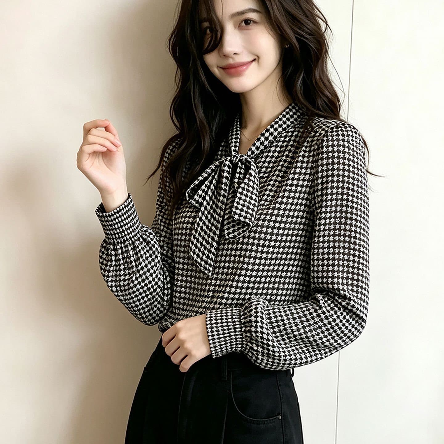 긴팔 셔츠 봄 나비 매듭 봄 드레스 2026 쉬폰 새로운 수천 마리 슬림해 보이는 작은 셔츠 이미지 3