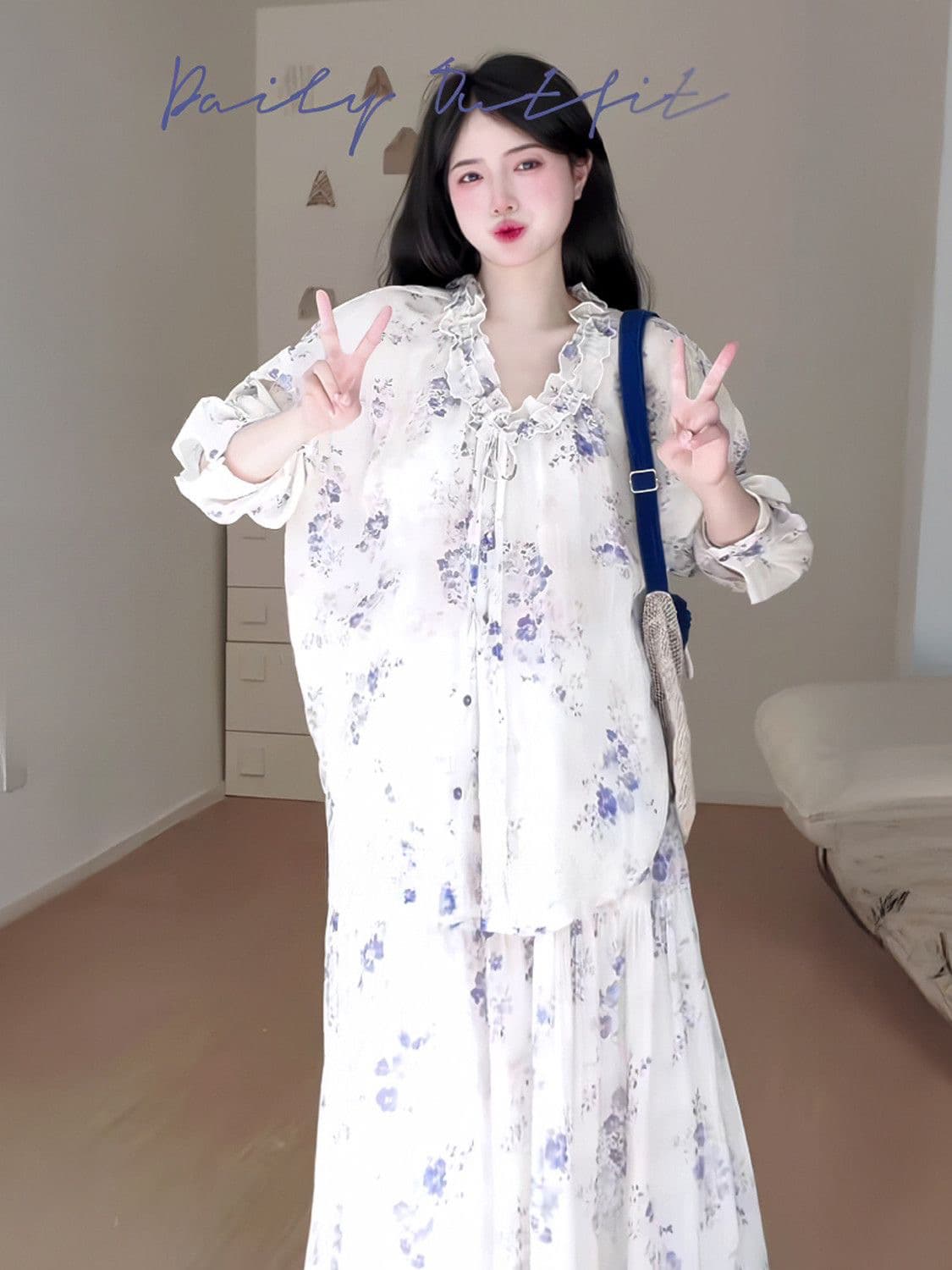 2026 봄 여름 새로운 레트로 부드러운 바람 꽃무늬 셔츠 큰 진자 케이크 반신 스커트 품격 국풍 아름다운 세트 상세 이미지 3