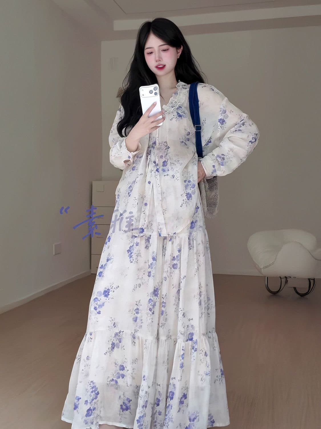 2026 봄 여름 새로운 레트로 부드러운 바람 꽃무늬 셔츠 큰 진자 케이크 반신 스커트 품격 국풍 아름다운 세트 상세 이미지 4