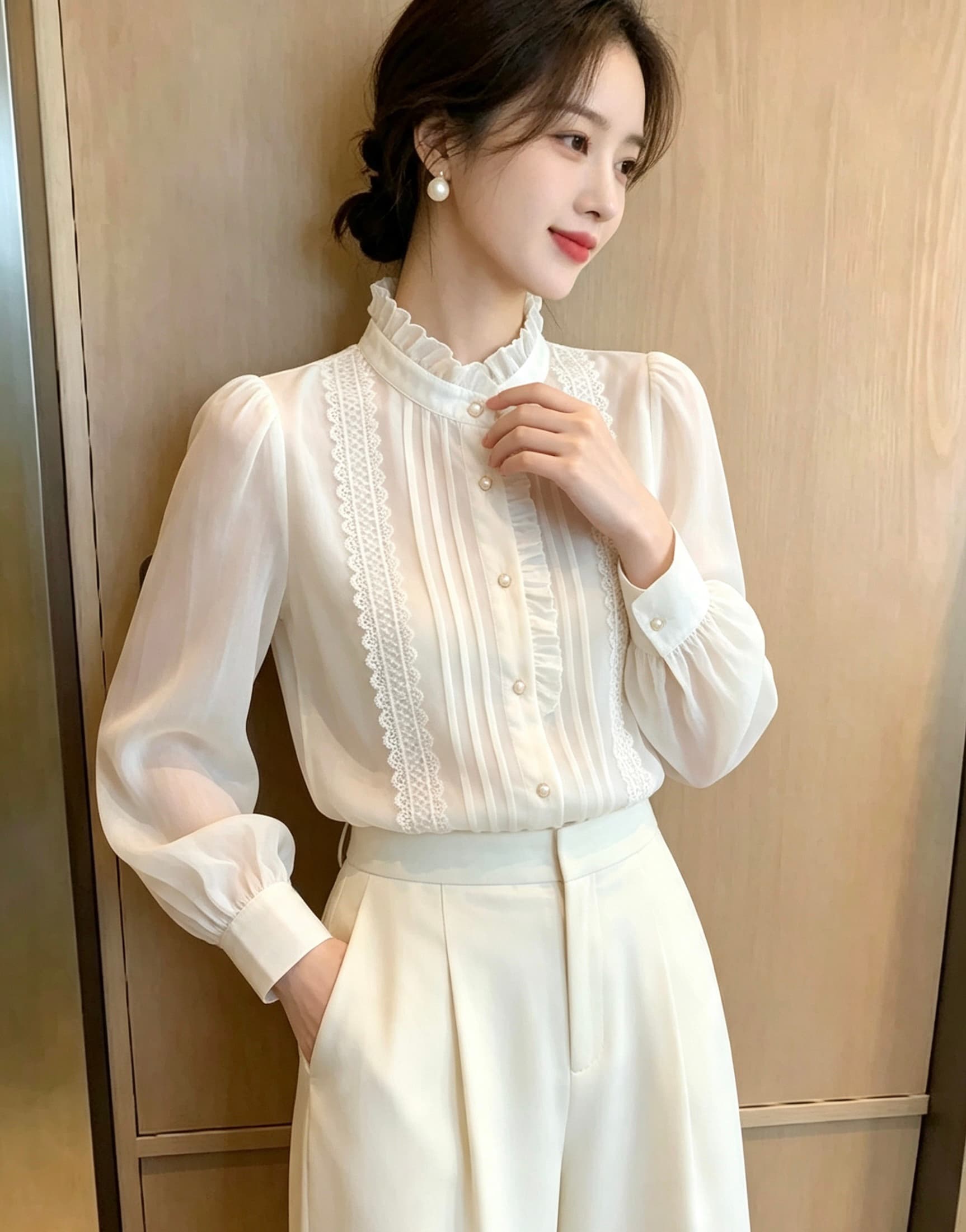프랑스식 귀 봄 스탠드 칼라 셔츠 궁정 고급 긴팔 2026 품격 Chic 새로운 셔츠 맨위 상세 이미지 4