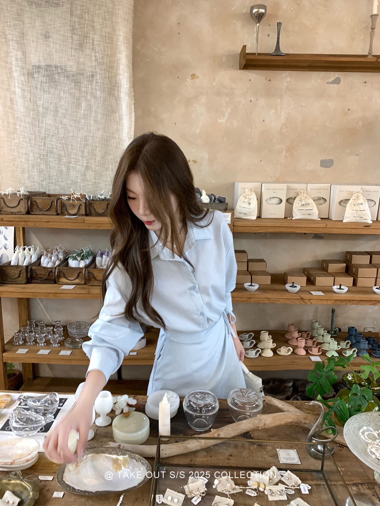 테이크 아웃 도착 함 블루 섬 섬 이른 가을 디자인 센스 페이크 레이어드 주간 실크 셔츠 드레스 허리 수축 치마 롱 스커트 상세 이미지 3