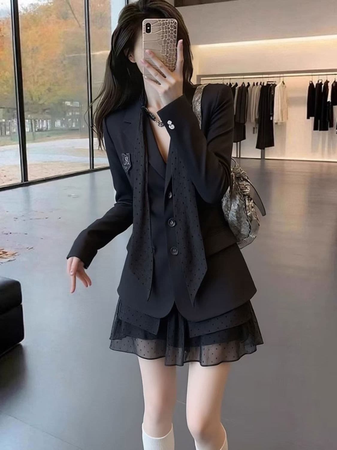 한 부서 부유 한 가족 천 골드 miu 부서 착용 가져 가라. 검정색 페이크 레이어드 정장 여성 드레스 2026 년 새로운 작은 키 이미지 3