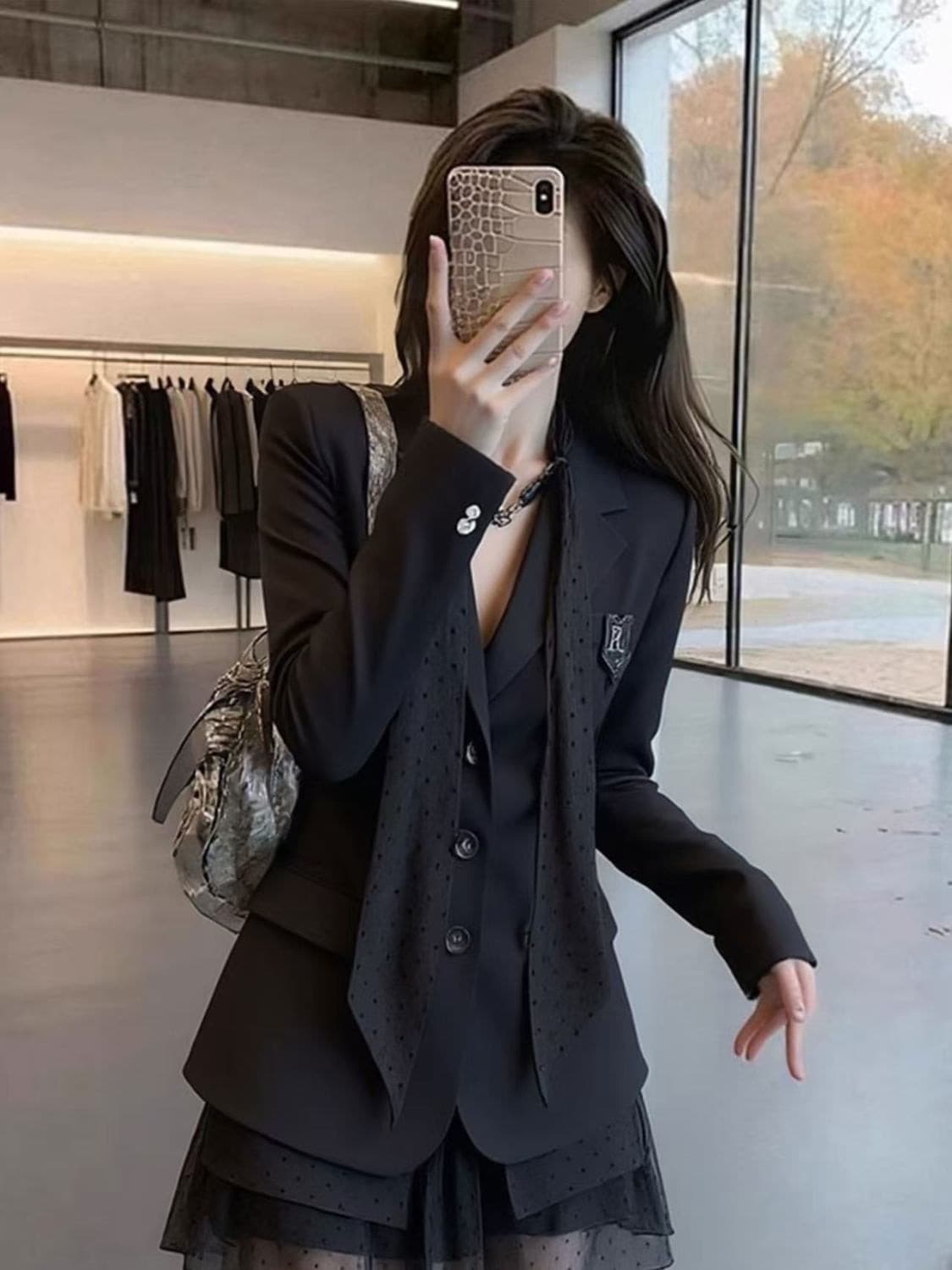 한 부서 부유 한 가족 천 골드 miu 부서 착용 가져 가라. 검정색 페이크 레이어드 정장 여성 드레스 2026 년 새로운 작은 키 상세 이미지 2