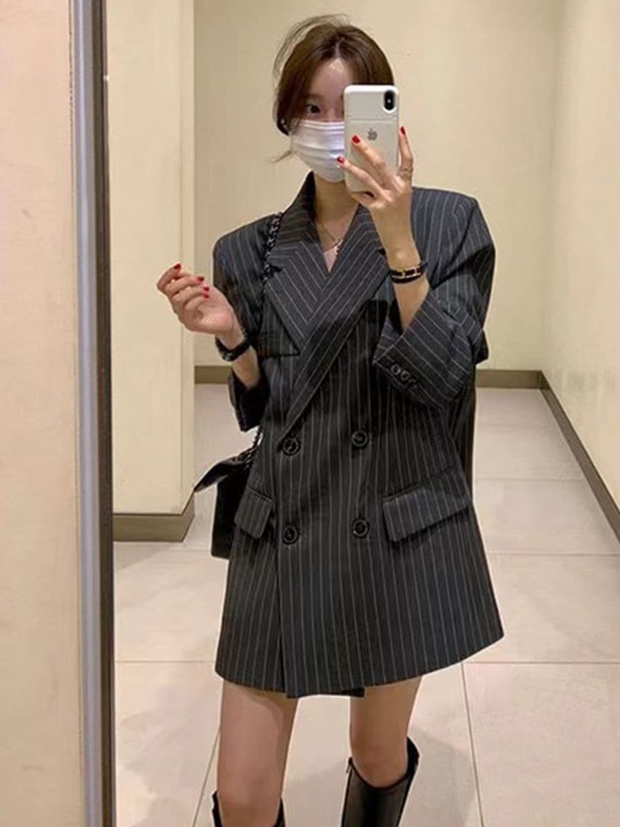 스트라이프 정장 여성 코트 몸매 가꾸기 출퇴근 2026 봄 가을 새로운 한국 스타일 chic 품격 이중 버튼 정장 맨위 상세 이미지 2