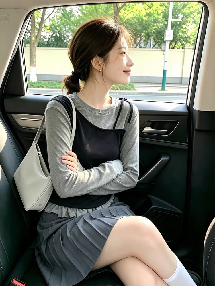 한 부서 자이언트 잘 생긴 에이즈 환자 세트 여성 2026 가을 새로운 느긋한 바람 페이크 레이어드 맨위 플리츠 스커트 투피스 세트 상세 이미지 3