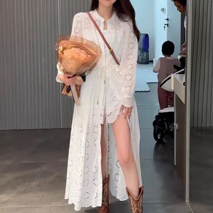 프랑스식 휴가 바람 자카드 홀로우 아웃 레이스 여성 드레스 가을 고급 센스 작은 대중 품격 슬림해 보이는 중간 길이 스커트 트렌디 상세 이미지 4