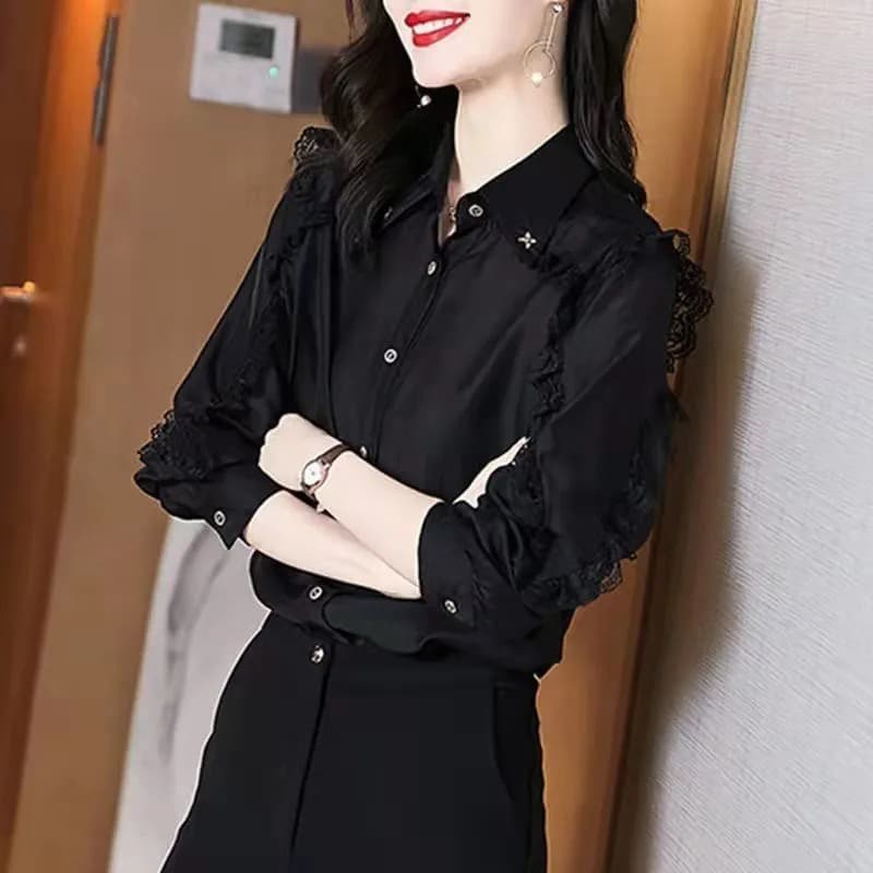빅 사이즈 쉬폰 여성 셔츠 통통한 여동생 루즈핏 맨위 외국 가스 패션 기본 셔츠 표지 배 슬림해 보이는 여성 의류
