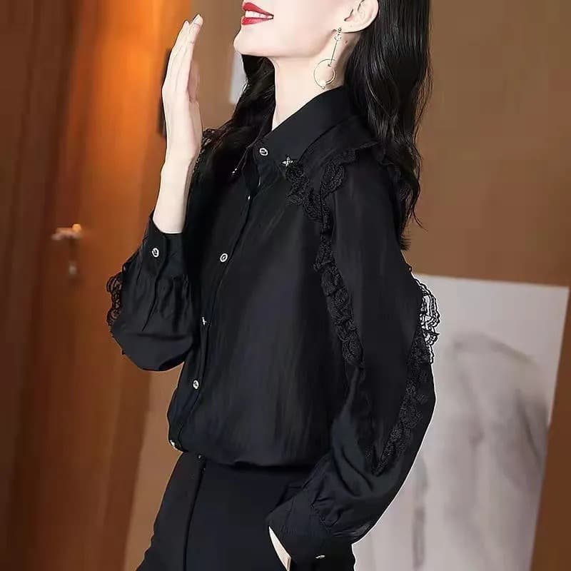 빅 사이즈 쉬폰 여성 셔츠 통통한 여동생 루즈핏 맨위 외국 가스 패션 기본 셔츠 표지 배 슬림해 보이는 여성 의류 상세 이미지 4