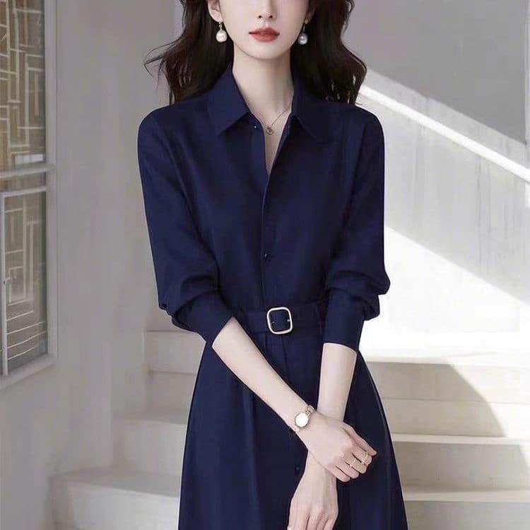 가을 프랑스식 경력 드레스 ol 출퇴근 품격 명문 여성 고급 여신 팬 빛 럭셔리 파란색 셔츠 드레스 상세 이미지 2