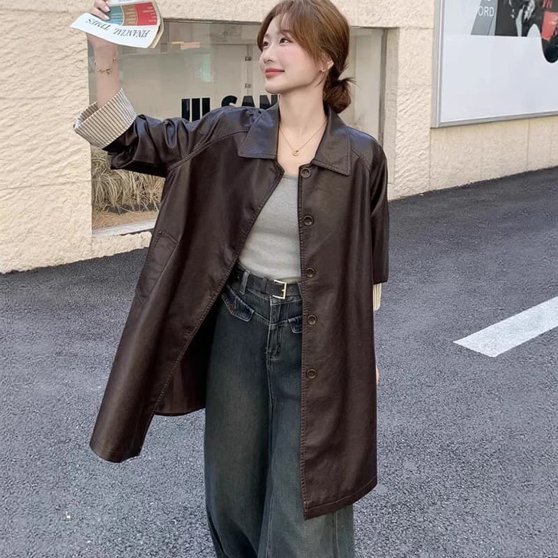 레트로 스트라이프 패치워크 커피 색상 가죽 트렌치 코트 한국 스타일 봄 새로운 루즈핏 표지 고기 중간 길이 가죽 재킷 품격 재킷
